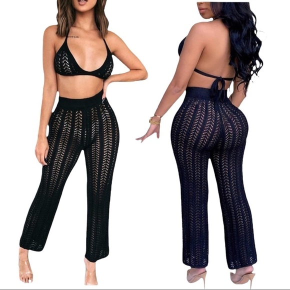 Crochet 2 pc Set Black Top & Stretchy Wide Leg Crochet Pants … - Picture 1 of 16